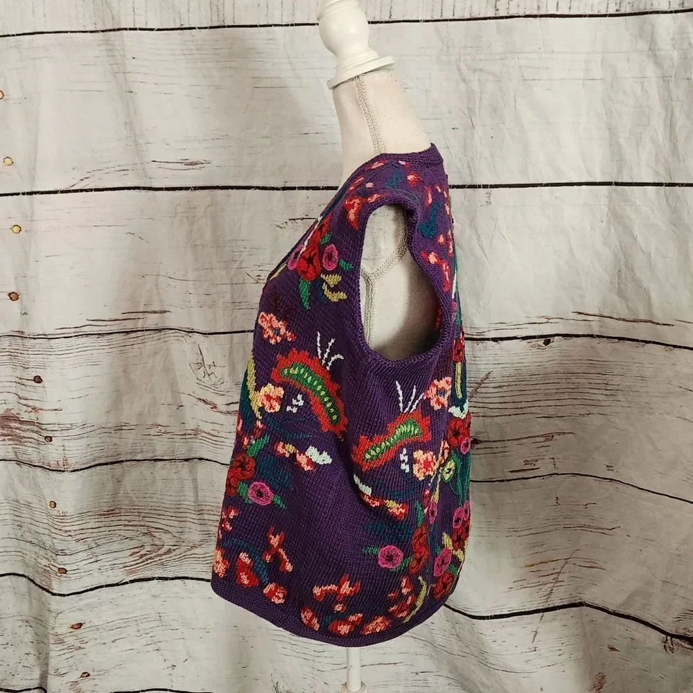 Vintage Berek Hand Knitted‎ Floral Sweater Vest Size Medium